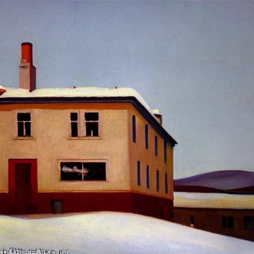 Image similar to an edward hopper style painting of a ( ( ( ( ( ( ( ( small town csorna ) ) ) ) ) ) ) ) in hungary, winter, january of 1 9 5 5