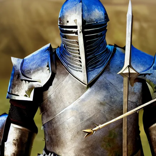 Image similar to a full body armored knight with arrows in his armor, broken, blood, middle range