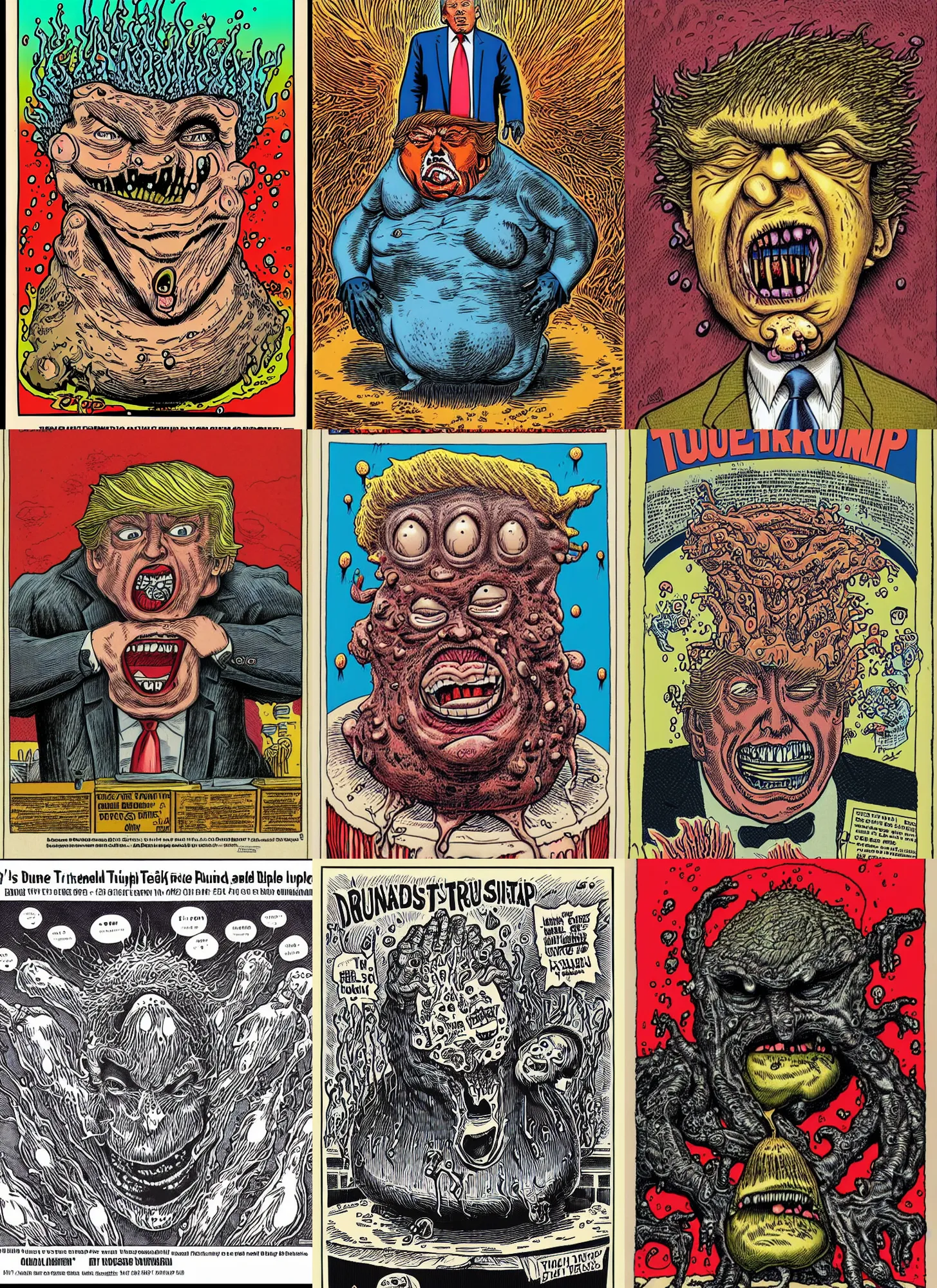 Prompt: donald trump's repulsive true form bursting from within, pus - filled boils, cysts, oozing pustules, by robert crumb