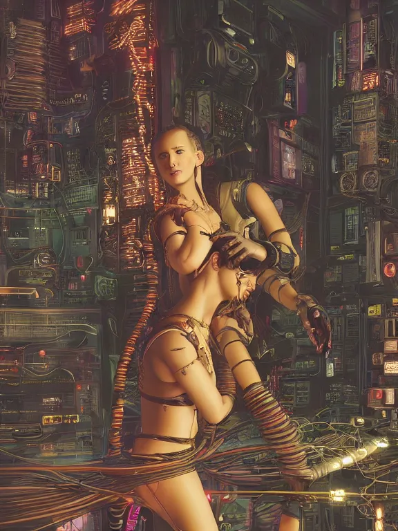 Prompt: a cyberpunk 2077 illustration half body portrait of two female android dancer queen,complex mess of cables and wires behind them connected to giant computer, film lighting, by laurie greasley,Lawrence Alma-Tadema,William Morris,Dan Mumford, trending on atrstation, full of color, mythological, high detailed,golden ratio,symmetrical proportions,cinematic lighting