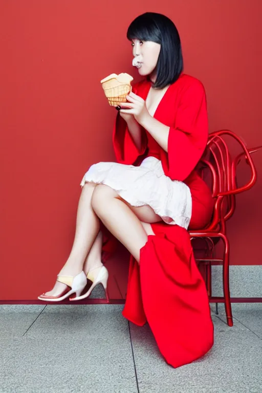 Image similar to photo, young woman eating ice cream, sitting on a chair, red dress, high heels, japanese kimono