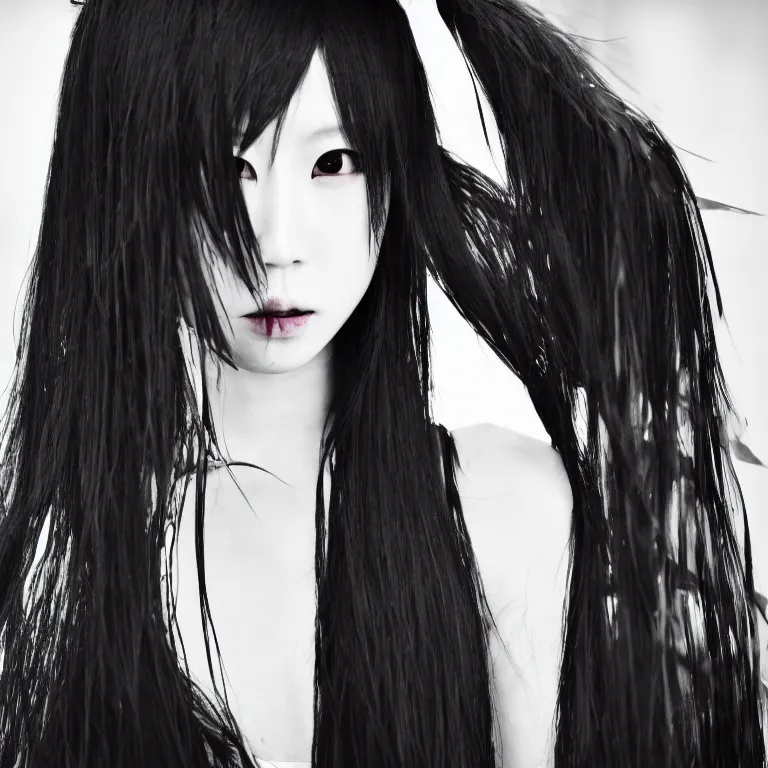Prompt: professional photograph of female japanese models in emo makeup, long hair, fringe
