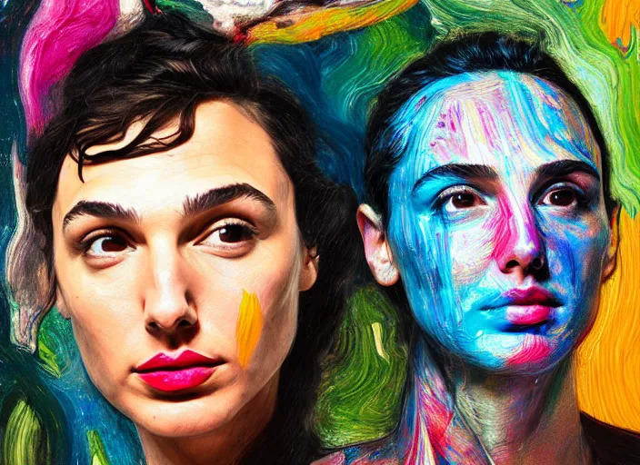 Prompt: portrait gal gadot, vincent lefevre and hernan bas and pat steir and hilma af klint, psychological, photorealistic, dripping paint, washy brush, rendered in octane, altermodern, masterpiece