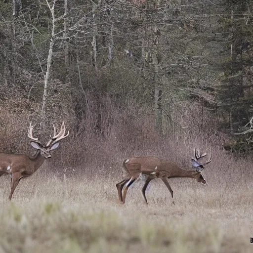 Image similar to deers hunting a hunter, realistic hektachrome, national geographic,