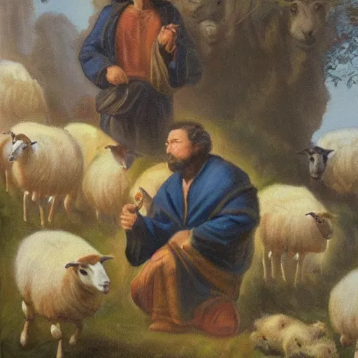 Prompt: realistic painting of abel the shepherd of sheep, shepherding the flock, in the style of miguelangel