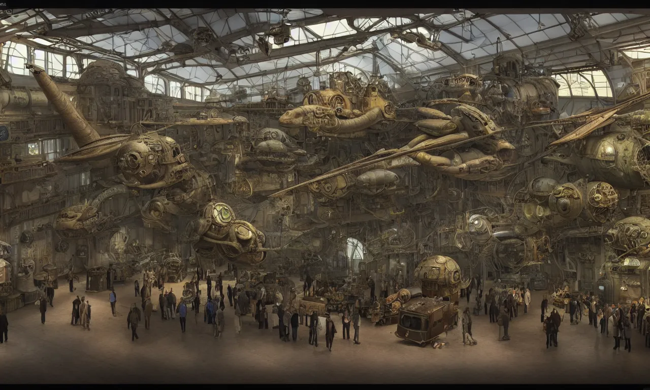 Prompt: exhibition hall of a dieselpunk museum of renaissance full of glass showcases with incredibly detailed dioramas of aliens and spaceships, fused into epoxide, high detail, render in unreal engine 5