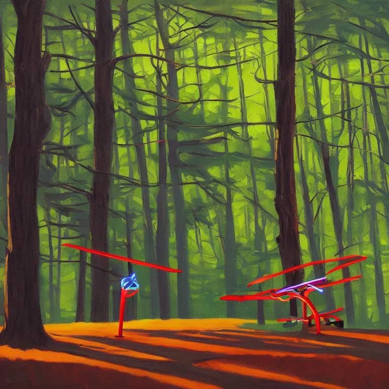 Image similar to neon quadracopter in the woods, painted by Edward Hopper, painted by James Gilleard, airbrush