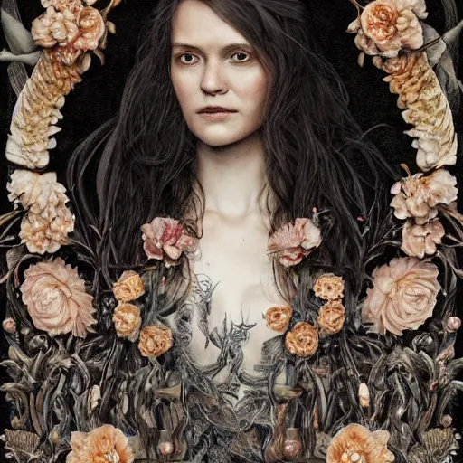 Image similar to portrait of Adrianne Lenker as a young pretty woman in flowing dress, arrogant, mysterious, long fine flowing hair, delicate, looking at camera, realistic face, intricate, stylish, elegant, grimdark, flowers, extremely detailed photograph by Martine Johanna and Ernst Haeckel and Greg Rutkowski