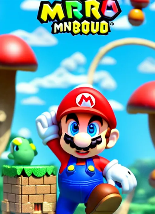 Image similar to super mario as nendoroid, jumping in mushroom kingdom in the croods movie style, anime, disney, pixar, 8 k, hd, dof, kodak film, volumetric lighting, subsurface scattering, photorealistic, octane render, details