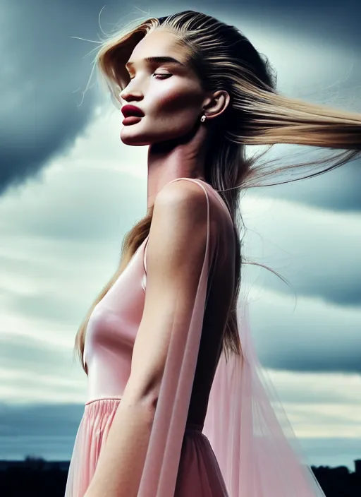 Image similar to portrait photography of a beautiful woman, in fine art photography style of Giovanni Gastel , rosie huntington whitely style 3/4 , natural color skin pointed in rose, hair stormy clouds, full body dressed with a ethereal transparent voile dress, elegrant, 8K, soft focus, melanchonic soft light, volumetric dramatic lighting, highly detailed Realistic, hyper Refined, Highly Detailed, natural point rose', outdoor soft lighting, soft dramatic lighting colors scheme, soft blur lighting, fine art fashion photography