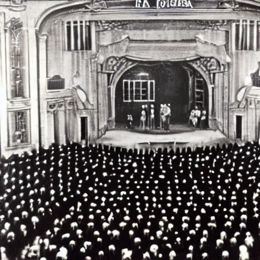 Prompt: Photo of crowd at 1944 opera with one person colorized