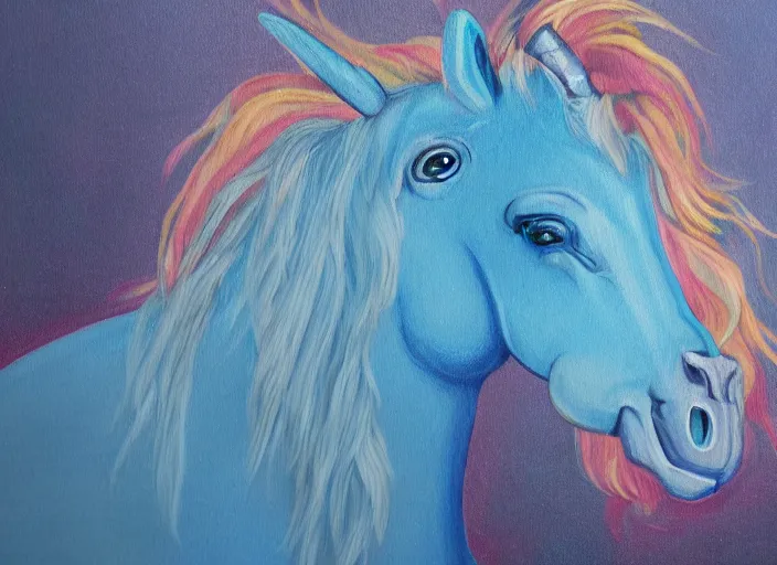 Image similar to a blue unicorn painting a self portrait, high details, 4 k, sharp fucos