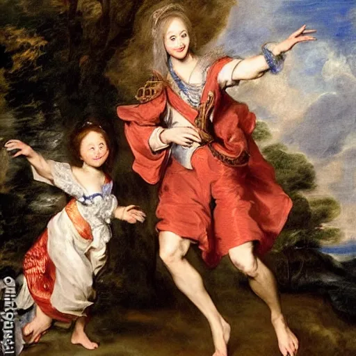 Prompt: female portrait, Theresa May as a smiling hapa sorceress chasing will-o-wisps casting a fireball in a garden, detailed painting by Anthony Van Dyck