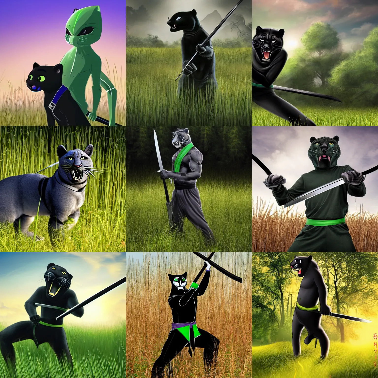 Prompt: cute male grey anthropomorphic panther human, green and black hair, wielding a katana, wearing ninja clothing, standing in tall grass, at dawn