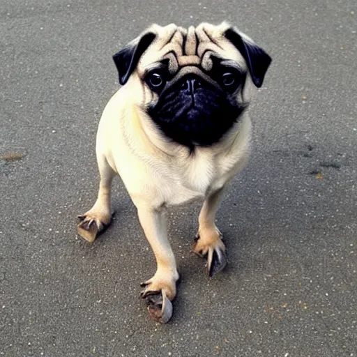 Prompt: a pug with duck feet instead of pug feet, photo