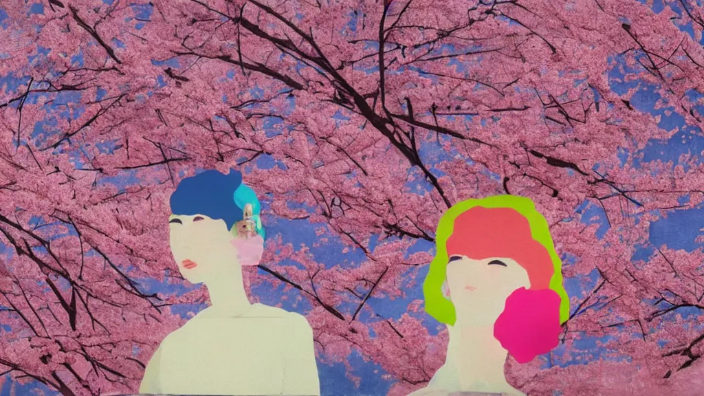 Image similar to close - up of a woman in a small group of people, a flower viewing picnic sakura, japan, a collage painting, in the style of wes anderson, lola dupre, david hockney, isolated on negative white space background dark monochrome neon fluorescent spraypaint accents volumetric octane render