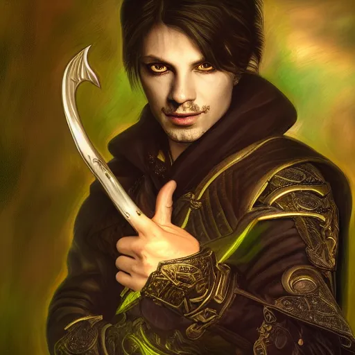 Image similar to portrait of a male warlock with dagger on it's hand, fantasy, D&D, HDR, natural lighting , award winning photograph, 8k, Mucha style,