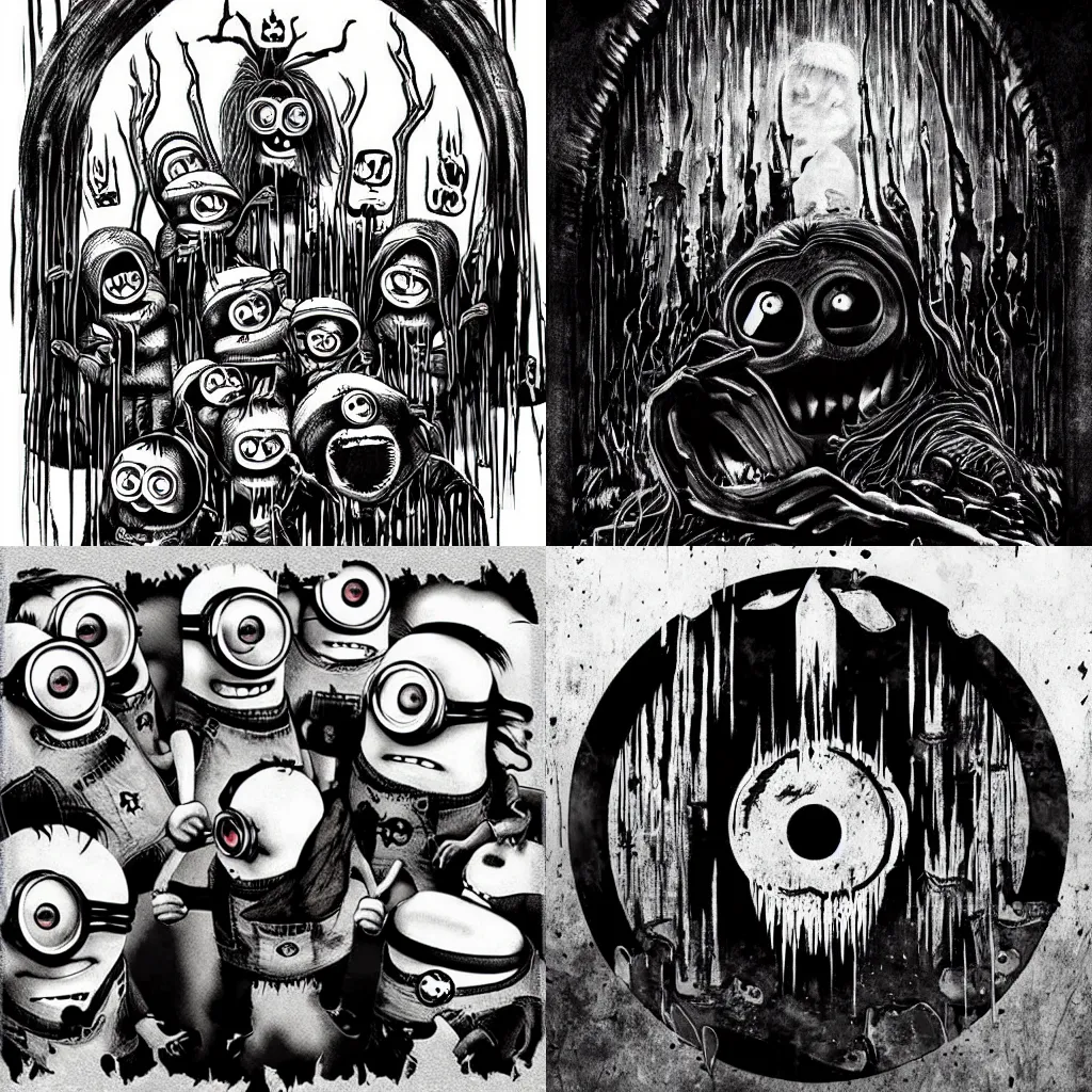Prompt: black metal cover art with minions