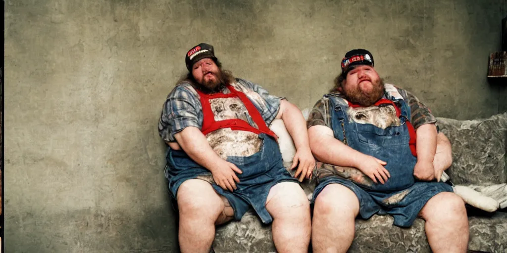 Image similar to extremely obese redneck white male with long beard, wearing dirty overalls, dirty greasy face, angry frown, reclining on a sofa, kodak gold 2 0 0, 5 0 mm