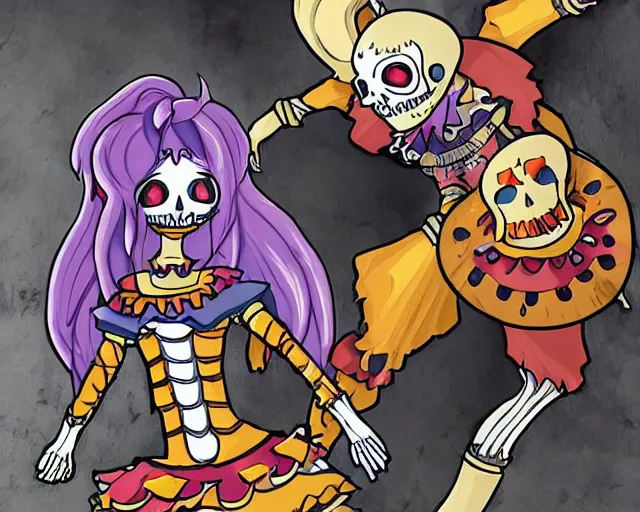 Image similar to anime clown girl warrior fighting a skeleton