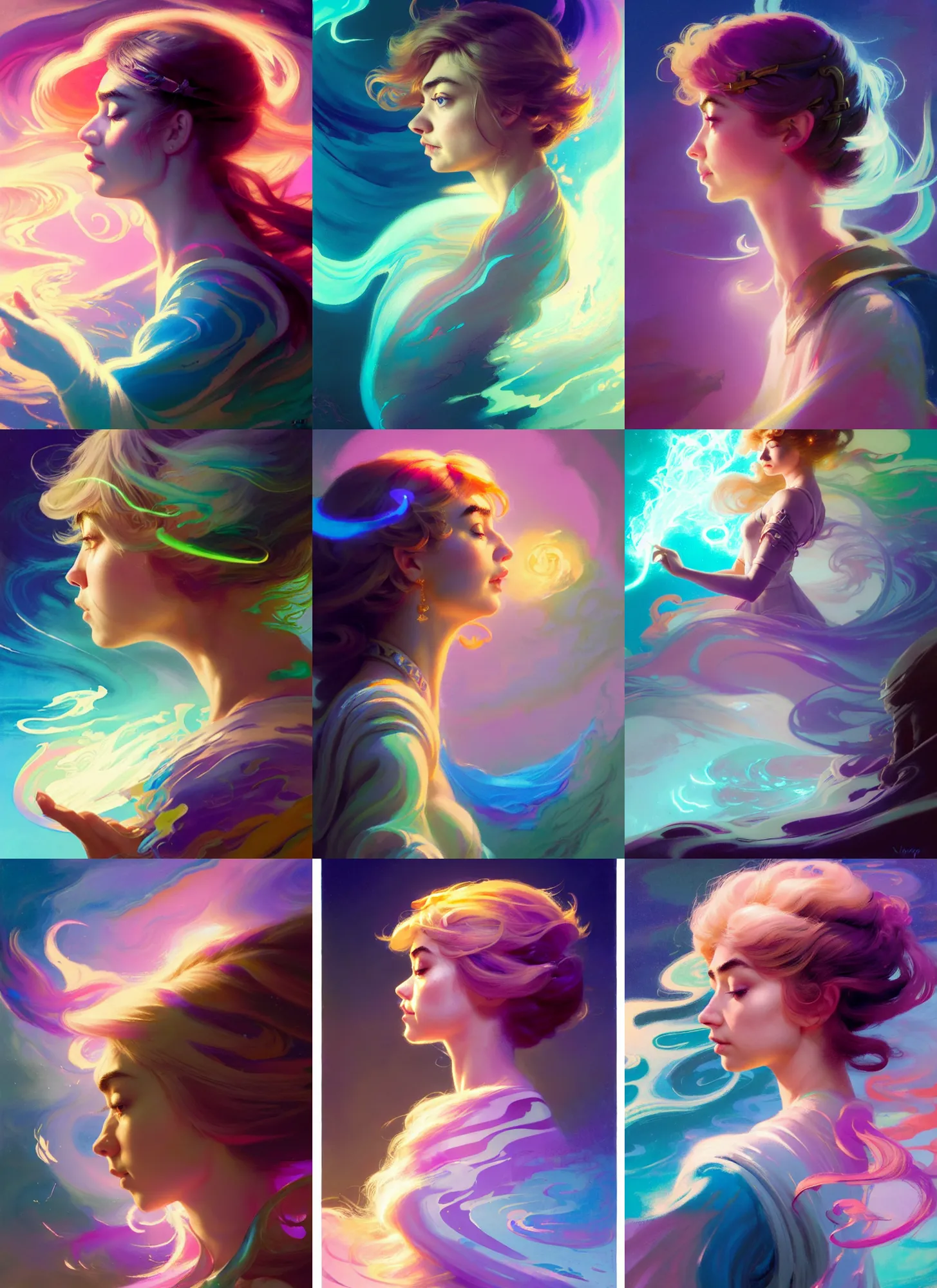 Prompt: side profile, imogen poots, paladin, gloomhaven, luminescent, colorful swirly magic ripples, pastel colors, by greg manchess, huang guangjian, gil elvgren, sachin teng, greg rutkowski, jesper ejsing, ilya kuvshinov