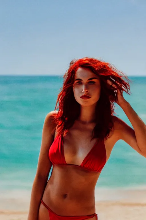 Prompt: a cinematic headshot portrait of a young woman with messy vibrant red hair, gorgeous swimwear, summer beach landscape with sunny sky, ultra realistic, depth, beautiful lighting