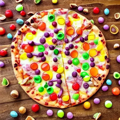 Image similar to a 🍕 🍭🍑🍬🍟🥥🍫🍄🧁🍩 ( ( mega - pizza ) ) made of 🍦🍡🍰🍇🍯🍮🍹🧁