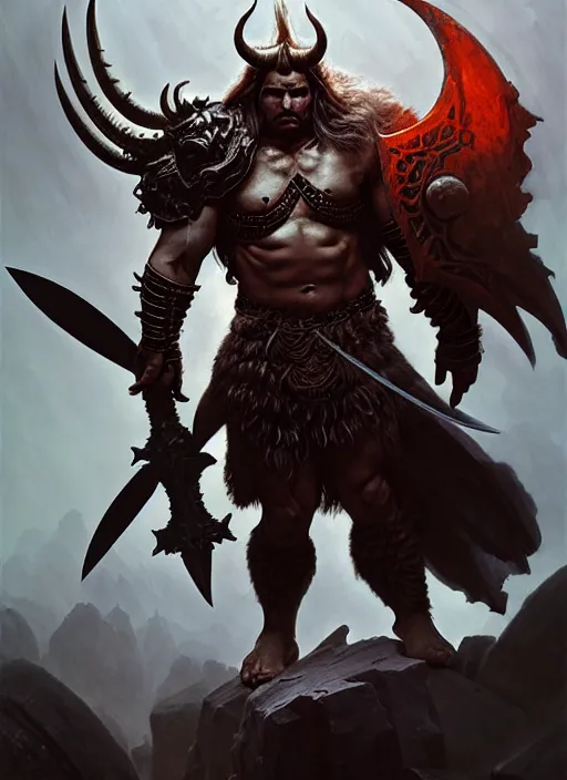 Image similar to a barbarian male horned darkin with a huge sword and wings, dim light, front game card, marvel comics, dark, intricate, highly detailed, smooth, artstation, digital illustration by ruan jia and mandy jurgens and artgerm and wayne barlowe and greg rutkowski and zdislav beksinski