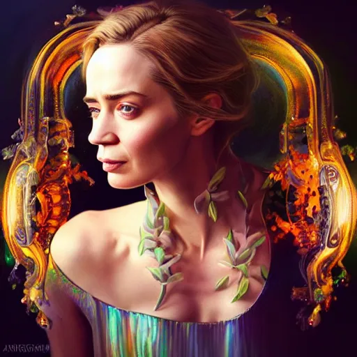 Image similar to a cute emily blunt inside an ornate bottle of iridescent liquid, alchemy, intricate, bloom, detailed, volumetric lighting, sharp focus, photorealism, digital painting, highly detailed, concept art, by by artgerm and wlop