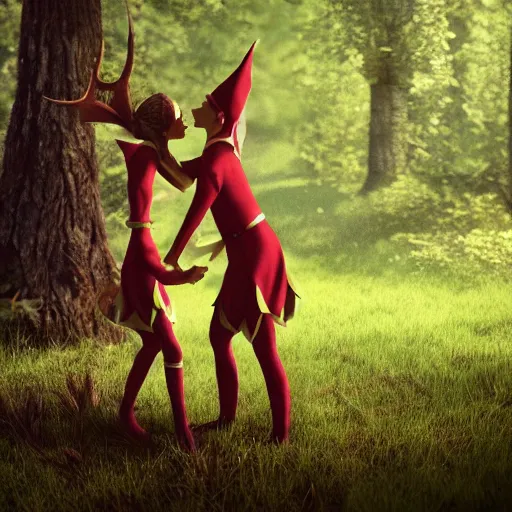 Prompt: elves kissing each other in the forest during the sunny day. Hyperrealism, greenshift render, 8k, depth of field, cinematic