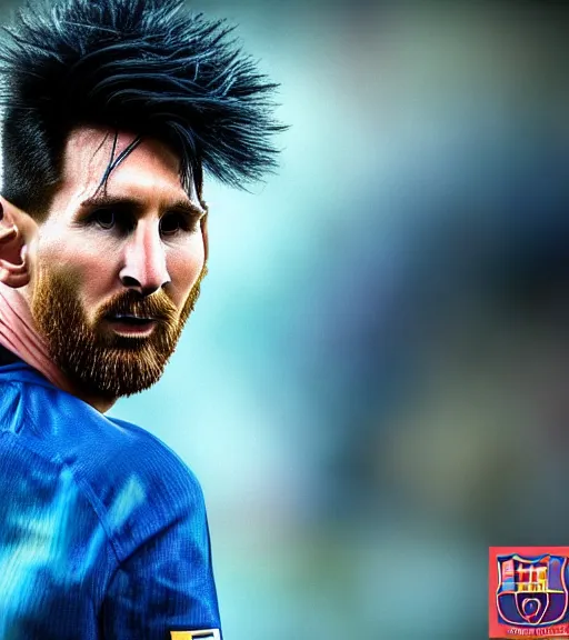 Prompt: award winning 5 5 mm close up portrait color photo of super saiyan lionel messi, in a stadium by luis royo. soft light. sony a 7 r iv