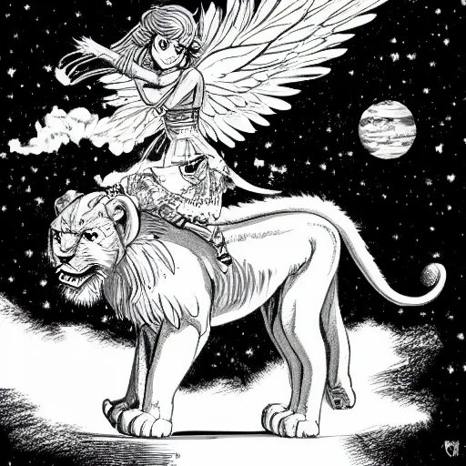 Image similar to angelic lioness flying in outer space, black and white ink on paper, thick outlines, 8k high quality detailed art, trending on art station, super wide angel, manga art, by Eiichiro Oda