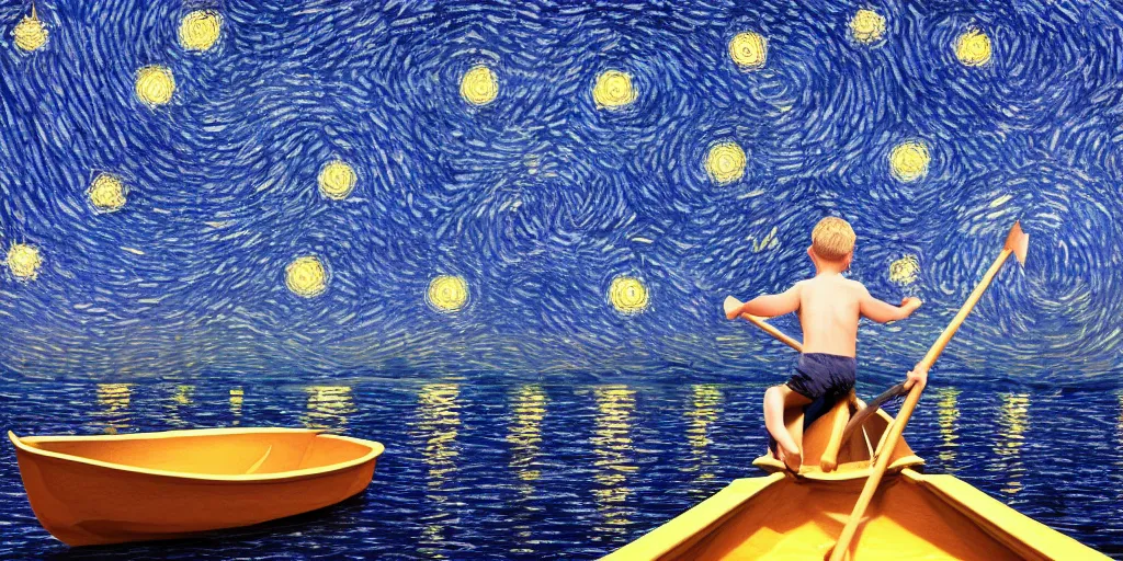 Prompt: boy rowing a boat in the sea of the starry night with mysterious light, digital art style, illustration painting, 4 k,