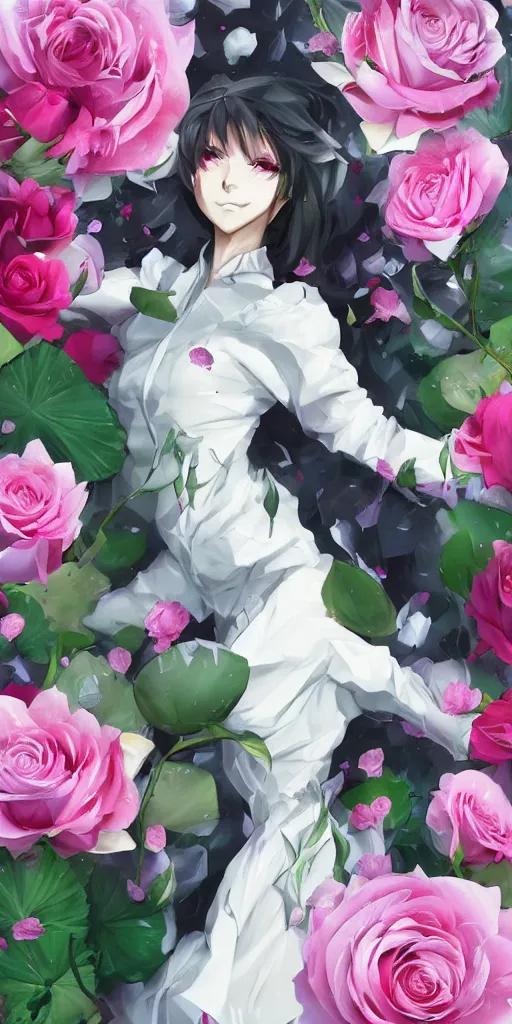 Image similar to magic invisible blade slicing through a bouquet of white and pink roses, flowers exploding and spraying, big puffy clouds, sharp rain, large rose petals, lotus petals, large polygonal background elements, large polygons, dramatic anime, dramatic lighting, artgerm, manga, trending on artstation, art nouveau, mature colors