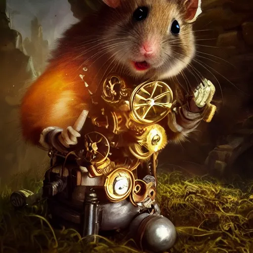 Image similar to oil painting of anthropomorphized hamster holding shiny gem, steampunk clothes, close shot, full body, dark steampunk mine shaft background, sharp focus, fantasy style, octane render, volumetric lighting, 8k high definition, by greg rutkowski, highly detailed, trending on art Station, dungeons and dragons artwork, centered