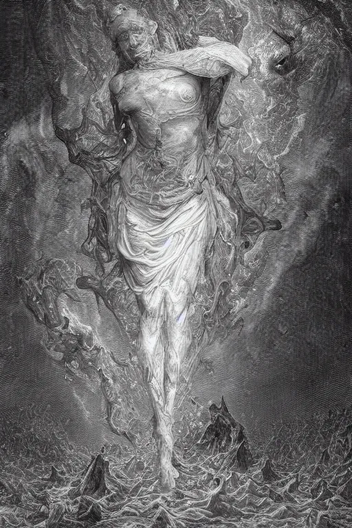 Image similar to several human forms mixed together form a tornado by artgem and gustave dore, highly detailed, high contrast, trippy, nebula, trending on artstation