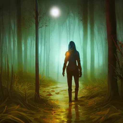 Image similar to a dirty lost person is following a floating blue glowing ball of light through a foggy swamp , Eternal cardgame art style .