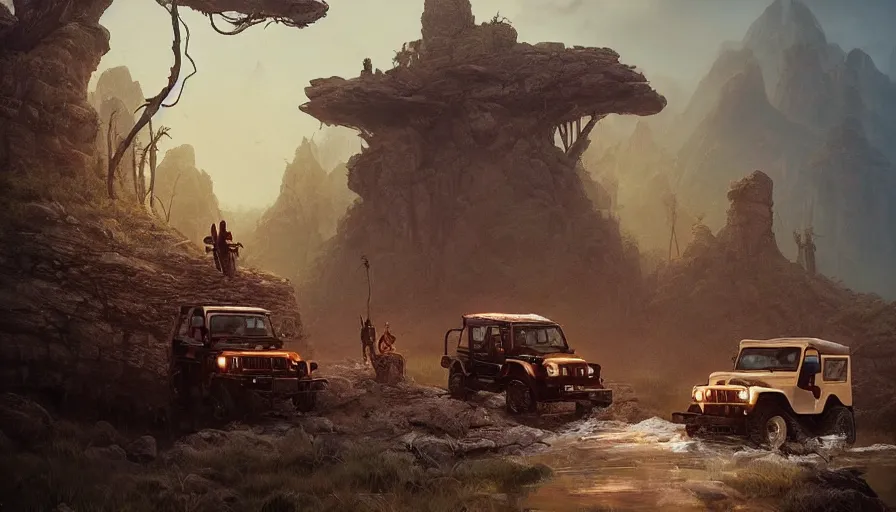 Prompt: Mahindra thar, tribe members watching nearby, an epic fantasy, dramatic lighting, cinematic, establishing shot, extremely high detail, photorealistic, cinematic lighting, artstation, by simon stalenhag, horizon forbidden west