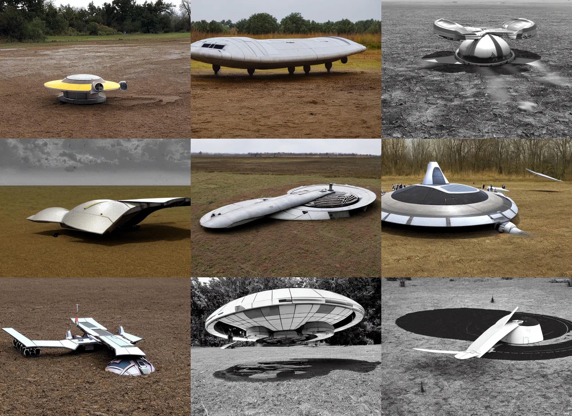 Prompt: retro sci-fi starship landing on the muddy ground