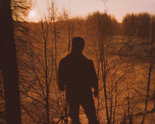 Image similar to award - winning lomographic tarkovsky film still of 4 0 years russian man with beard and sweater standing on small hrushevka 9 th floor balcony in taiga looking at sunset, cinestill, bokeh