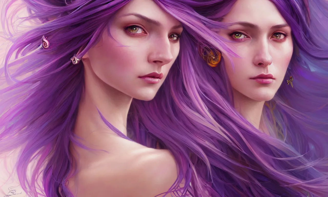 Image similar to Portrait of a woman with bright colored flying hair, all shades of purple. Hair coloring, amber eyes, face, long hair, fantasy, intricate, elegant, highly detailed, digital painting, artstation, concept art, smooth, sharp focus, illustration, art by artgerm and greg rutkowski and alphonse mucha