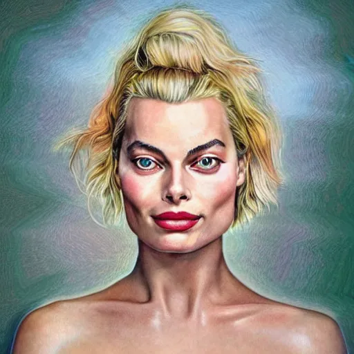 Prompt: surreal portrait of superfit margot robbie,, artwork by daniel merriam,