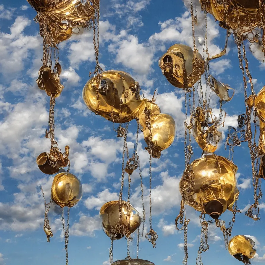 Image similar to beautiful blimps high in the sky, copper chains hanging from the edges, steampunk styled, golden hour, steam clouds, clouds, valves, award winning photography, highly detailed, low poly, extremely wide angle