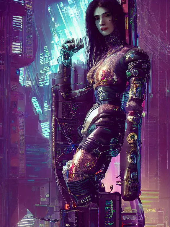 Image similar to a cyberpunk 2077 illustration portrait of A veiled female android queen kneel and pray with lots of complex mess of cables and wires behind them connected to giant computer,bowknot, fine lace, GUCCI, glittering, jewel embellishment, film lighting, by Artgerm,Lawrence Alma-Tadema,William Morris,Dan Mumford, trending on atrstation, full of color, mythological, high detailed,golden ratio,cinematic lighting