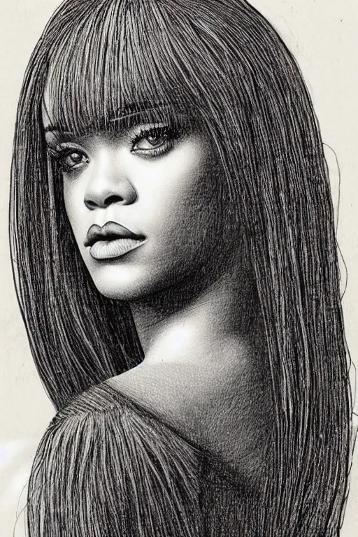 Image similar to a portrait of rihanna in the style of leonardo da vinci drawing,, single head, no double head,