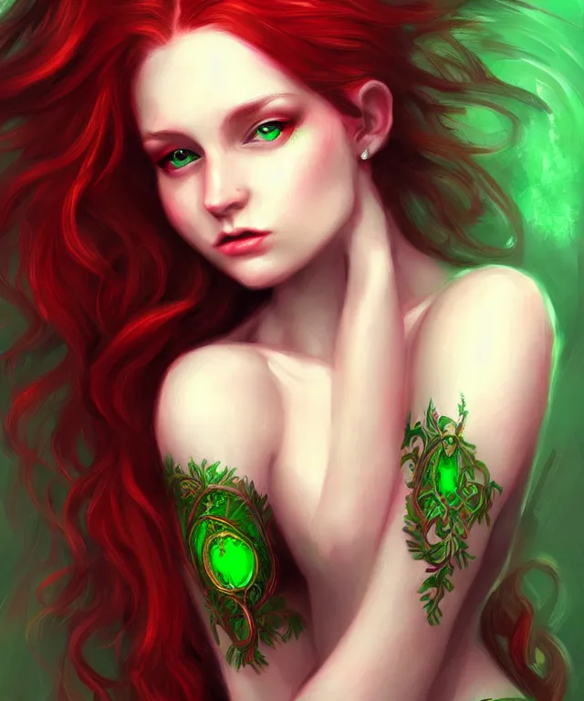 Image similar to Fae teenage girl, portrait, face, long red hair, green highlights, fantasy, intricate, elegant, highly detailed, digital painting, concept art, smooth, sharp focus, illustration