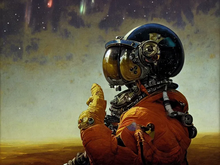 Prompt: a detailed profile oil painting of an explorer in a spacesuit with reflective helmet, flight suit, portrait symmetrical and science fiction theme with aurora lighting clouds and stars by beksinski carl spitzweg and tuomas korpi. baroque elements, full-length view. baroque element. intricate artwork by caravaggio. Trending on artstation. 8k