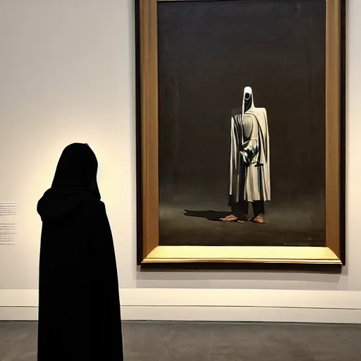 Prompt: the grim reaper standing stoic in black robe, waiting patiently, in a museum with paintings and people, perfect composition, by edmond leighton, simon stalenhag