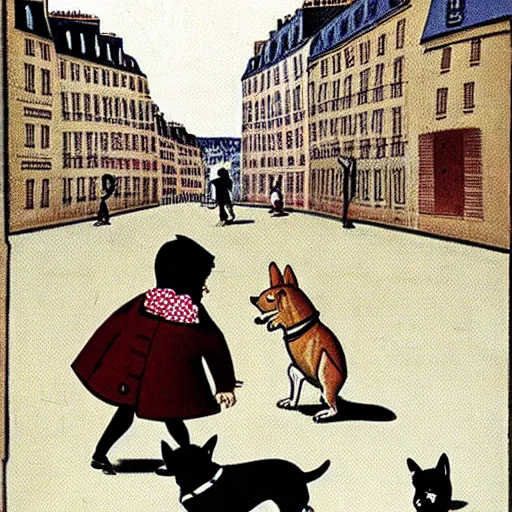 Image similar to book illustration of a french boy on the streets of paris playing football against a corgi, the dog is wearing a polka dot scarf, 1 9 6 6