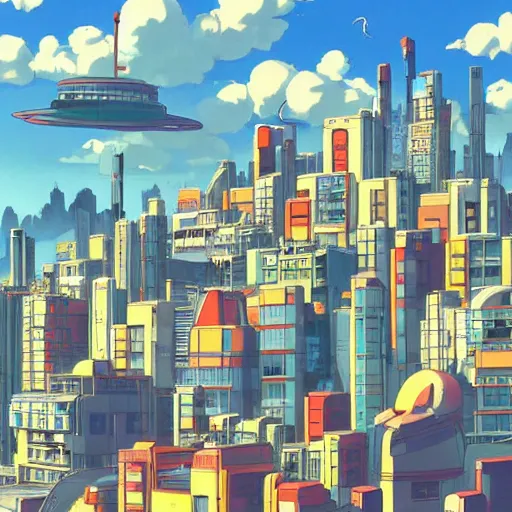 Prompt: futuristic city on a mountainside, red - yellow - blue buildings, city, city on mountainside, clouds around buildings, cel - shaded, raytracing, cel - shading, toon - shading, 2 0 0 1 anime, flcl, jet set radio future, drawn by artgerm